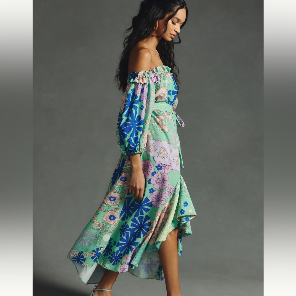 Anthropologie x Oopscool off shoulder printed dress Medium Petite belted pockets